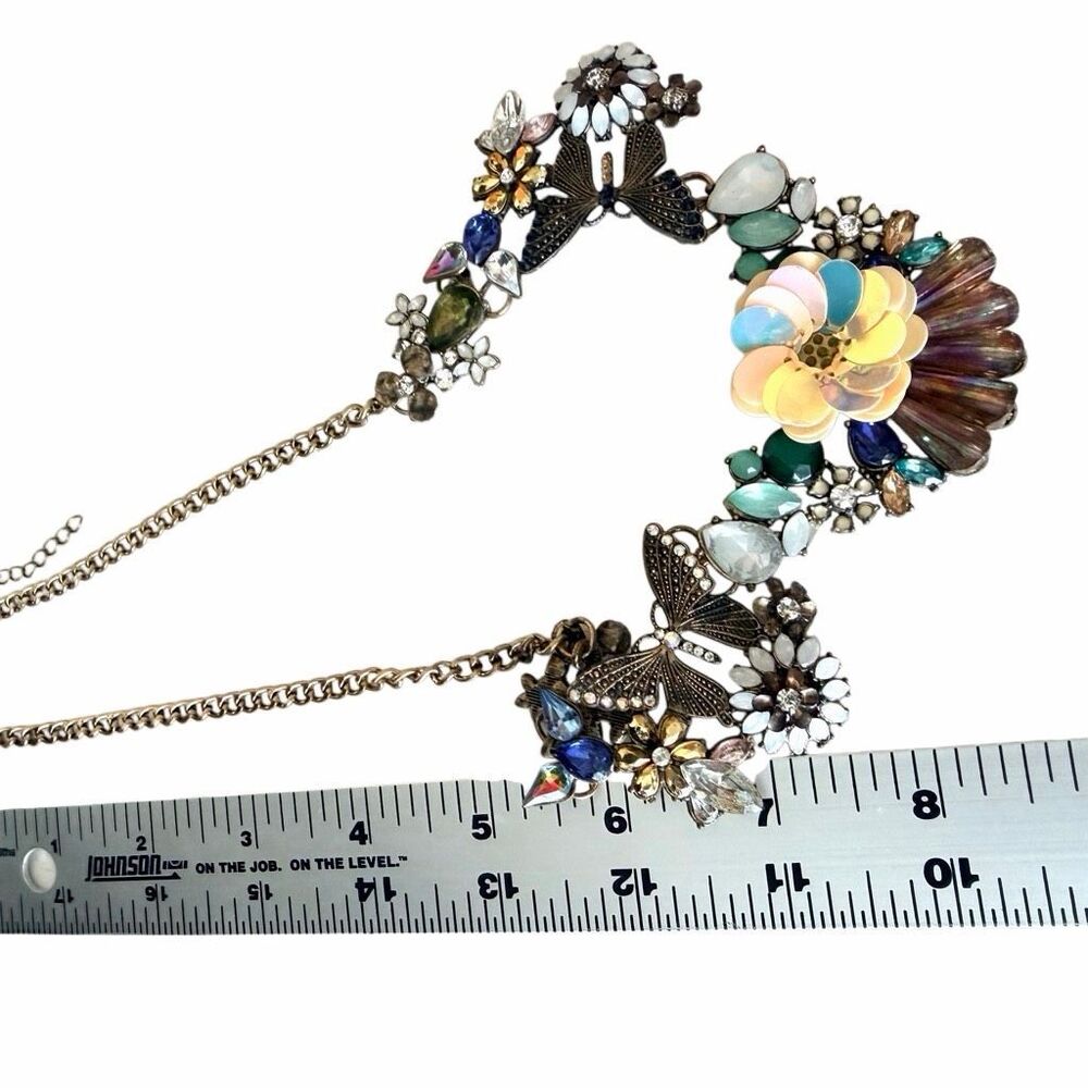 Statement Butterfly & Floral Bib Necklace Mixed Media Rhinestone Sequin Necklace - Picture 7 of 12